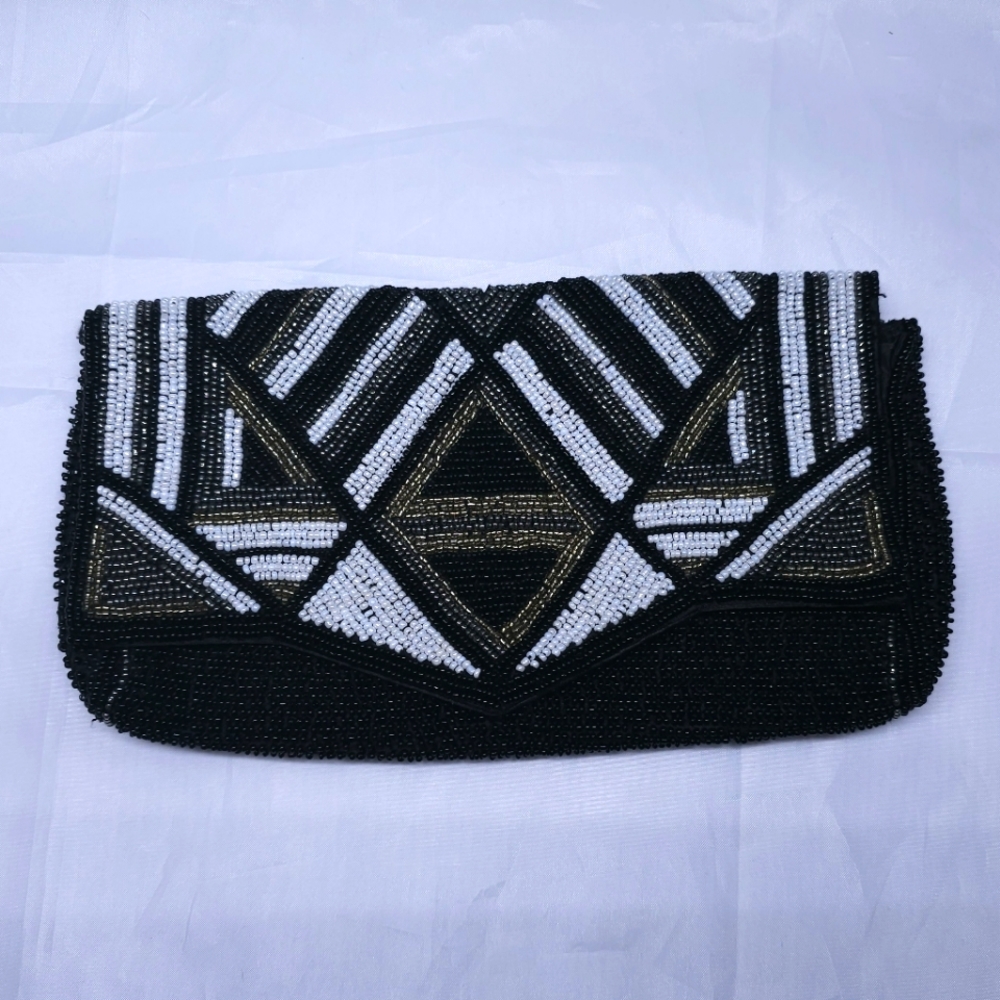 Express Beaded Clutch Geometric Pattern Art Deco Style Satin Lined Evening Purse